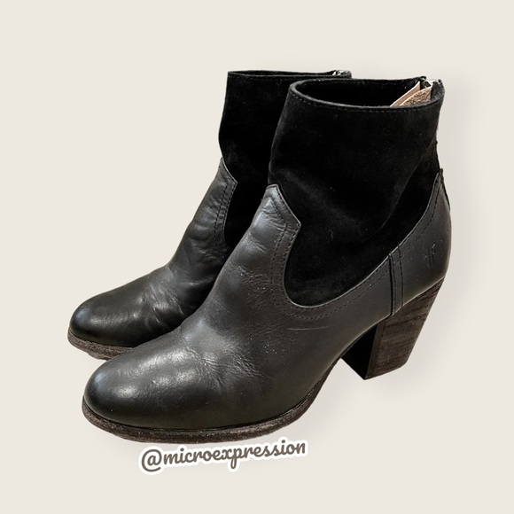 Frye Tessa Zip Short Black Suede Real Leather Zip Up Heeled Round Toe Ankle Boot - Picture 5 of 11